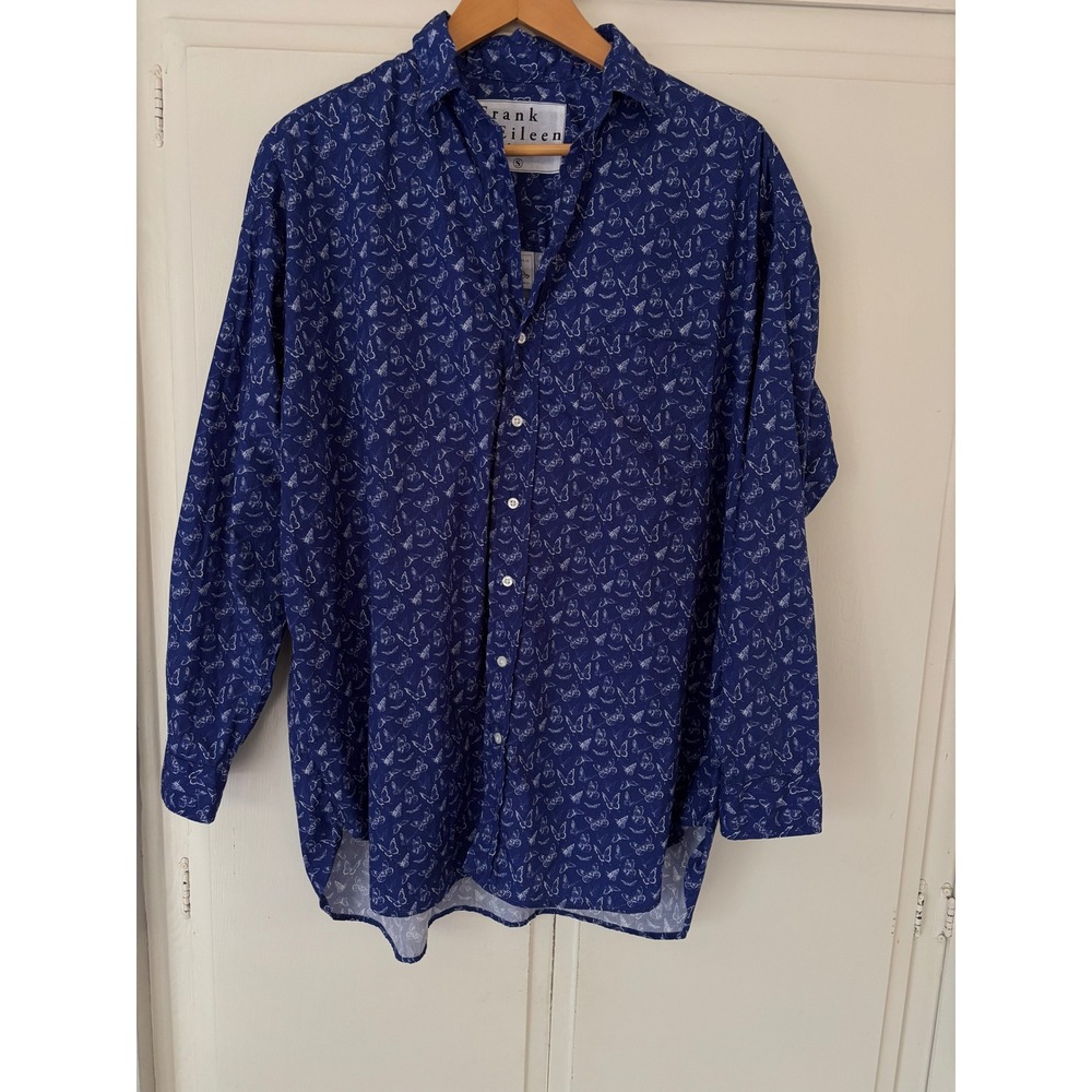 Frank & Eileen Shirley Blue Butterfly Print Button Down Shirt Woven in Italy S